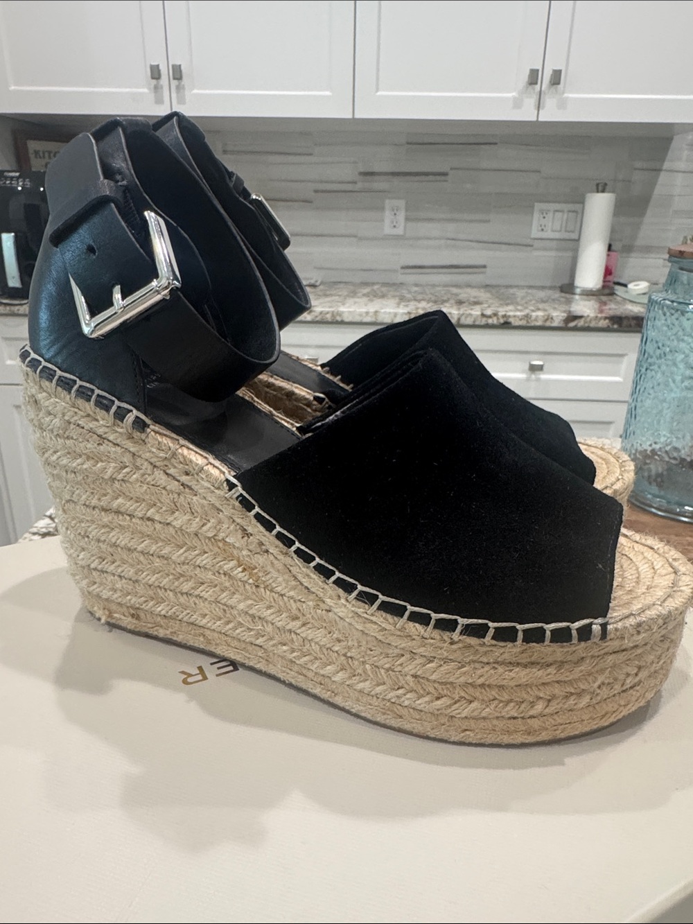 Marc Fisher Black Suede Espadrille Wedge Sandals with Ankle Strap